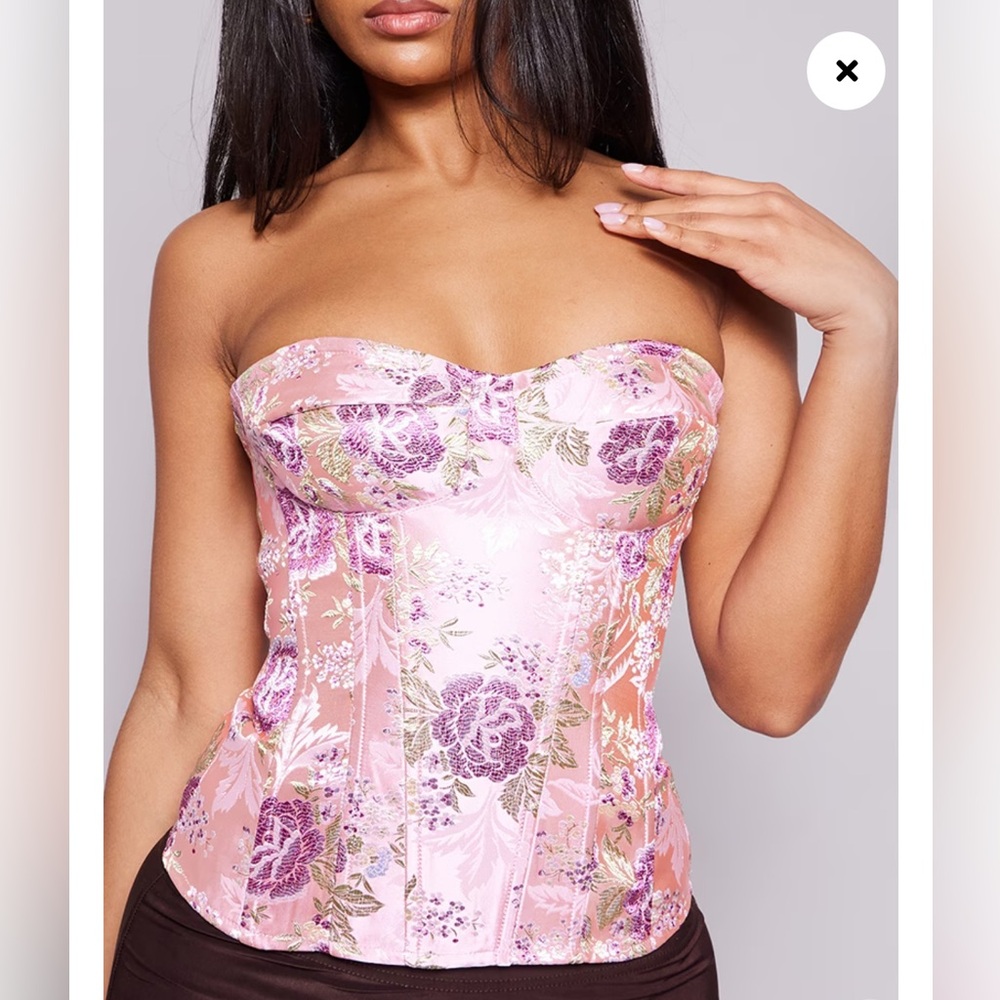 PrettyLittleThing PINK FLORAL JACQUARD SATIN CORSET